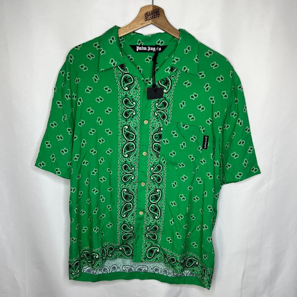 Palm Angels Paisley Bandana All Over S/S Button Up Shirt in Green 48 / M